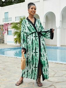 Grundläggande casual klänningar kausal tryckt långa kimono klänningar bältet tunika klänning sommar 2024 kvinnor outfit lös strand slitage maxi klänningar sarong q1541 1 t240415