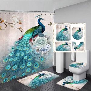 Duschgardiner Peacock Badrumsuppsättning med gardin och matta kinesisk fågelfjäder heminredning icke-halktoalettstol