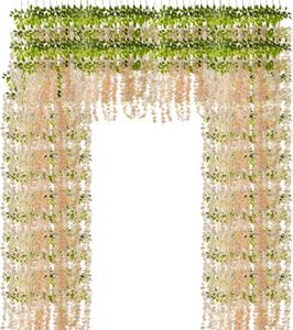 Flores decorativas 12 ramos artificial Wisteria Flower Vine Wall pendurada Champagne de seda 43 polegadas para decoração de festa no palco do casamento