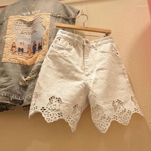 Kvinnors jeans spetsar hål ut denim kvinnor shorts sommar söt stil solid rak knälängd elegant kvinnlig kläder toppkvalitet