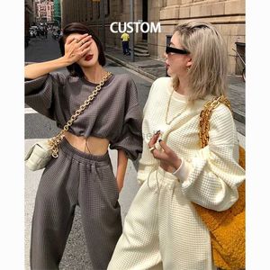 Kadın Hoodies Sweatshirts Özel mahsul üst alan pamuk kumaş kadın sweatshirt setleri moda bayan sokak kıyafeti kapüşonlu kadın setleri 240413