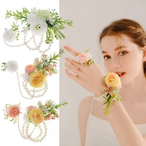 Wrist Corsage with Finger Ring Bridesmaid Sisters Wedding Accessories Artificial Flower Chain Bracelet Pearl Bridal Wrist Flower