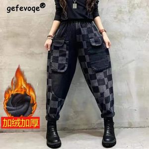 Jeans femminile donne plotwork vintage streetwear casual y2k denim harem pantaloni autunno inverno peluche calde calde pantalones harajuku