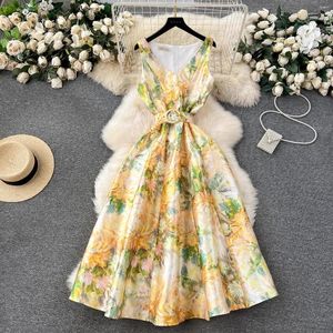 Sıradan Elbiseler 2024 İlkbahar Yaz Çiçek Baskı Tatil Midi Elbise Vintage Kadınlar V Boyun Kolsuz Yelek Jakard Kemer Bll Elbise Vestidos