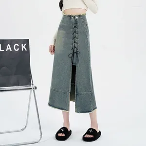 Skirts Denim Skirt Women's 2024 Spring Autumn Vintage Classical Split Hem Blue Lace Up Design A-Line Jean Long For Women Y2k