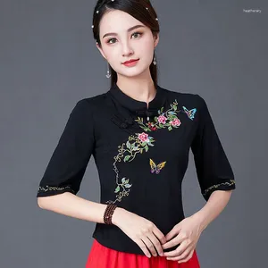 Ethnische Kleidung Cheongsam Womens Plus Size Short Tops 2024 Sommer Baumwollmischung Stickerei Spleißen halbe Ärmel Slim Chinese Qipao Shirts