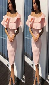 New Blush Pink Sheath Homecoming Dresses Off Shoulder Ruched Ruffles Knee Length Cocktail Dresses Short Prom Dress Party Gowns5623583