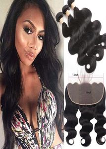 Brazilian Virgin Hair Bundles With 13X6 Lace Frontal Body Wave Human Hair Extensions 4PCS One Lot Body Wave Natural Color7354324