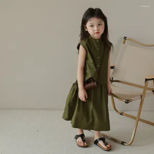 Giyim setleri yaz çocuk seti kızlar pamuklu katı Kore tarzı kolsuz etek iki parçalı takım elbise moda gündelik açık nefes alabilen kıyafet