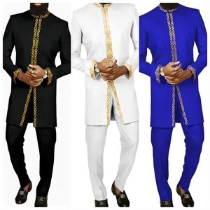 African Mens Clothing Fashion Embroidered Top And Trousers 2 Piece Set Elegant Classic Slim Party Ball Casual Beautiful Suit 240408