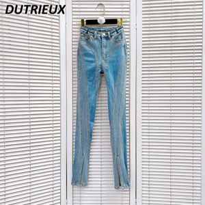 Dżinsowe jeansy jeansowe British Street Women Enter Slim Fit Tappered Pencil Denim Spods Girl Slit Dopasowanie długich spodni