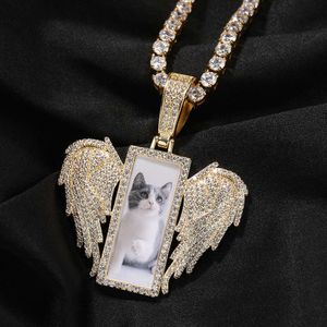 Top Quality Bling Rectangular Angel Wings Custom Photo Pendant Necklace Punk Hip Hop Jewelry New Creative Ins Style Necklaces Iced Out Cz Stone Jewelry Gift Collar