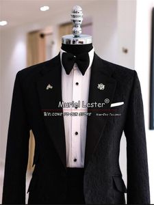 Men Charcoal Black Floral Jacquard Suits Classic Peak Lapel Groom Wedding Tuxedo Custom Made 3 Pieces (Jacket Waistband Pants )