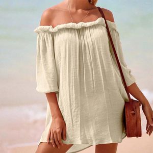 Moda Off Ombro Praia Coverp ups Feminino de malha sexy texturizado vestido curto cor de cor sólida mulher nadar no topo