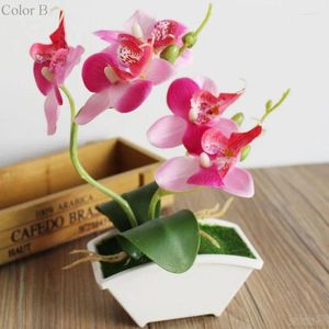 Flores decorativas Plantas de orquídea de borboleta artificial Flor de seda com vasos de plástico para vaso de decoração de varanda doméstica Conjunto