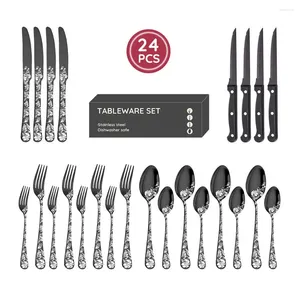 Flatvaruuppsättningar 24st Fancy Silverware Set With Steak Knives Black för 4 -klass rostfritt stål bordsartiklar