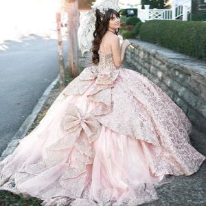 Pink Shiny Quinceanera Dress Ball Gown Gold Sequins Applique Beading Tull With Jacket Bow Sweet 16 Vestidos De XV 15 Anos