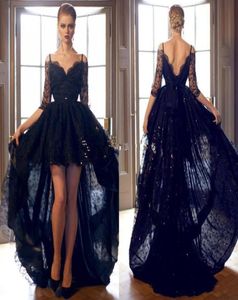 2016 Black Lace High Low Prom Dresses Sexy Off Shoulder Deep V Neck Backless aftonklänningar Chic 34 ärmar paljettpartykläder1737134