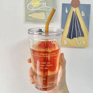 Wine Glasses Glass Mug Kawaii Water Bottle Coffee Cup Lid Straw Bubble Tea Mugs Cute Go Transparent Set Drink Ware Drinkware Kitchen