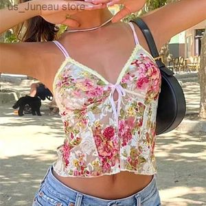 Kvinnors tankar Camis Gaono Kvinnor Spaghetti Strap Camisoles Floral Print V-Neck Tie-up Front Sleless Sling Tank Tops Summer Slim Fit Vests Crop Top 1 T240415