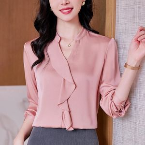 Blusas femininas primavera verão verão camisa de seda real viga longa camisas elegantes e para mulheres ruffles tops office Lady Blouse