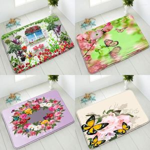 Bath Mats Anti-Slip Mat Butterfly Flowers Green Leaves Plants Kitchen Bedroom Doormat Washable Carpet Absorbent Foot Home Decor