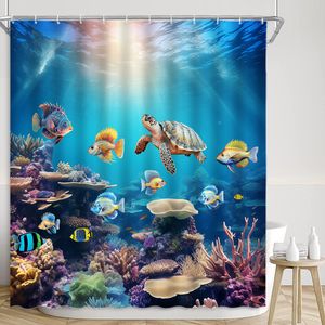 Ocean Animal Shower Curtain, Underwater Landskap Coral Seahorse Shark Turtle Tropical Fish Blue Kids Home Badrumsdekoration