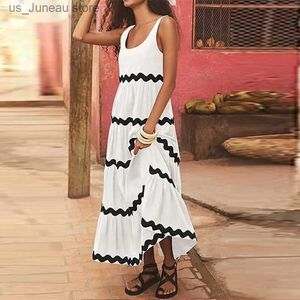 Grundläggande avslappnade klänningar Kvällsklänningar Kvinnlig randig blomma Elegant A-Line Lady Robe Print Strap Dress Women Slveless Backless High midje Holiday 1 T240412