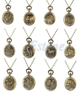 Großhandel-Wein-Männer Frauen chinesische Zodiac Snake Hund Tiger Quarz Taschenuhr Halskette3137371