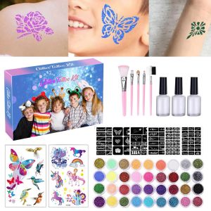 Leveranser 36 färger Set Waterproof Glitter 5 Borstes 3 Limes Kit för tillfällig tatuering Kids Face Body Diy Decoration Art