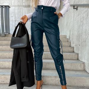 Faux Leather Pants High Waist Faux Leather Pencil Pants with Zipper Decor Multi Pockets for Women Slim Fit Solid Color Long