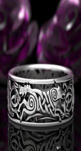 Bröllopsringar Men039s Werewolf Punk Rock Ring Norwegian Nordic Viking Wolf Knoted Winding 925 Thai Silver Finger For Male Gift3135797