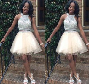 Light Champagne Short Homecoming Dresses For Teens Jewel Halter Crystal Beading Tulle Open Back Two Pieces Short Prom Dresses4809590