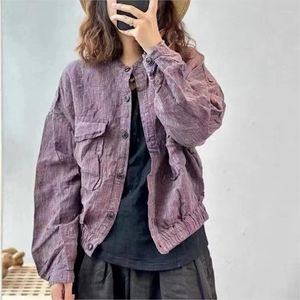 Kvinnors jackor johnatur 2024 kvinna vårlinne vintage långa ärmar casual kappa enkelbröst fast färg o-hals kinesisk stil