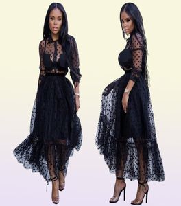 Black Polk Dot Mesh Charming Women Party Dresses Sexy Turn Down Neck Long Sleeves See Through A line Nightclub Casual Dress Ankle 4087981