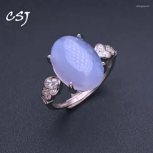 Cluster Rings Natural Blue Agate 925 Sterling Silver Gemstone Oval 10 14mm For Women Lady Birthday Christmas Jewelry Gift