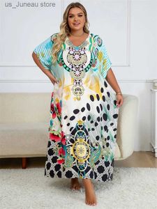 Basic Casual Dresses Sexy V Neck Print Oversize Kaftan Batwing Slve Side Slit Summer Vacation Women Beachwear Plus Size Swimsuit Cover-ups Q1464 1 T240415