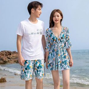 Couple Swimwear Beach Mens Swim Shorts Shirt Women 3 Piece Bikini Set Bermuda Surf Swimming Trunks For Swimsuit Zwembroek Board240408