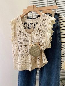 Women's Tanks French Crochet Hollow Out Knit Sweater Vest Women Cover Up Spring Summer Elegant Ruffled V-neck Sleeveless Cardigan Top