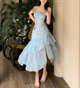 Casual Dresses Blue Spaghetti Strap Dress Women Summer Pretty Sleeveless Irregular Ruffle Fairy Long Holiday Beach Printed Chiffon