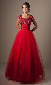 Red Ball Gown Modest Prom Dresses With Cap Sleeves Square Short Sleeves Prom Gowns Puffy Aline High School Formal Party Gowns Che9389632