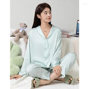 Women's Sleepwear Solid Color Female 2PCS Pajamas Set Spring Summer Silky Satin Long Sleeve Trouser Pijamas Suit Loose Home Clothes