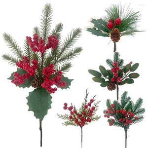 Kwiaty dekoracyjne 1 szt. Sztuczne Boże Narodzenie Berry Berry Branch Mini Pine igły igłowe gałęzie na świąteczne DIY Wreńskie Dekoracja Navidad