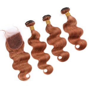 PeruVian Body Wave Auburn Color Human Hair 3bunds With Stängning 30 Medium Auburn Virgin Hair Lace Stängning 4x4quot med väv B2465173