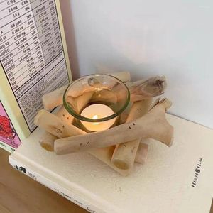 Candle Holders Retro Wooden Scented Pillar Holder Decor Glass Container For Tealight Stick Coffee Dining Table Centerpiece