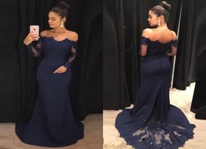 Elegant Navy Blue Prom Dresses Mermaid Off The Shoulder Long Sleeves Lace Satin Evening Dresses Formal Evening Dress Party Gowns4955083