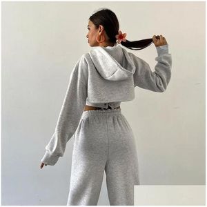 Felpa con cappuccio da donna Felpati allacciati su pantaloni set da donna Slim Solid Splice Tops Woman Long Short e Pant Abita Abiti inverno Dhqzg