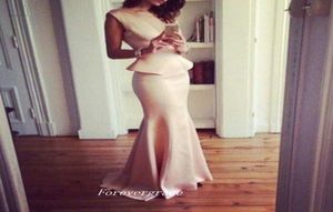 Pink Colour Long With Peplum Evening Dress Mermaid Satin Sleeveless Wear Special Occasion Dress Party Gown Custom Made Plus Size9313917