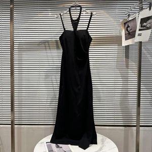 Sıradan Elbiseler 2024 İlkbahar Yaz Seksi Bayanlar Ahlter boyun resmi elbise ultra uzun kolsuz kayış a-line siyah kadınlar yüksek bel