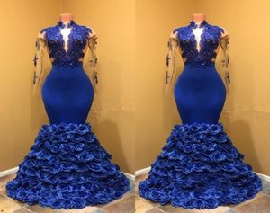 Royal Blue Long Sleeves Evening Dresses Deep V Neck Mermaid Prom Dresses 2018 Lace Appliques African Women Formal Wear Party Gowns4806726